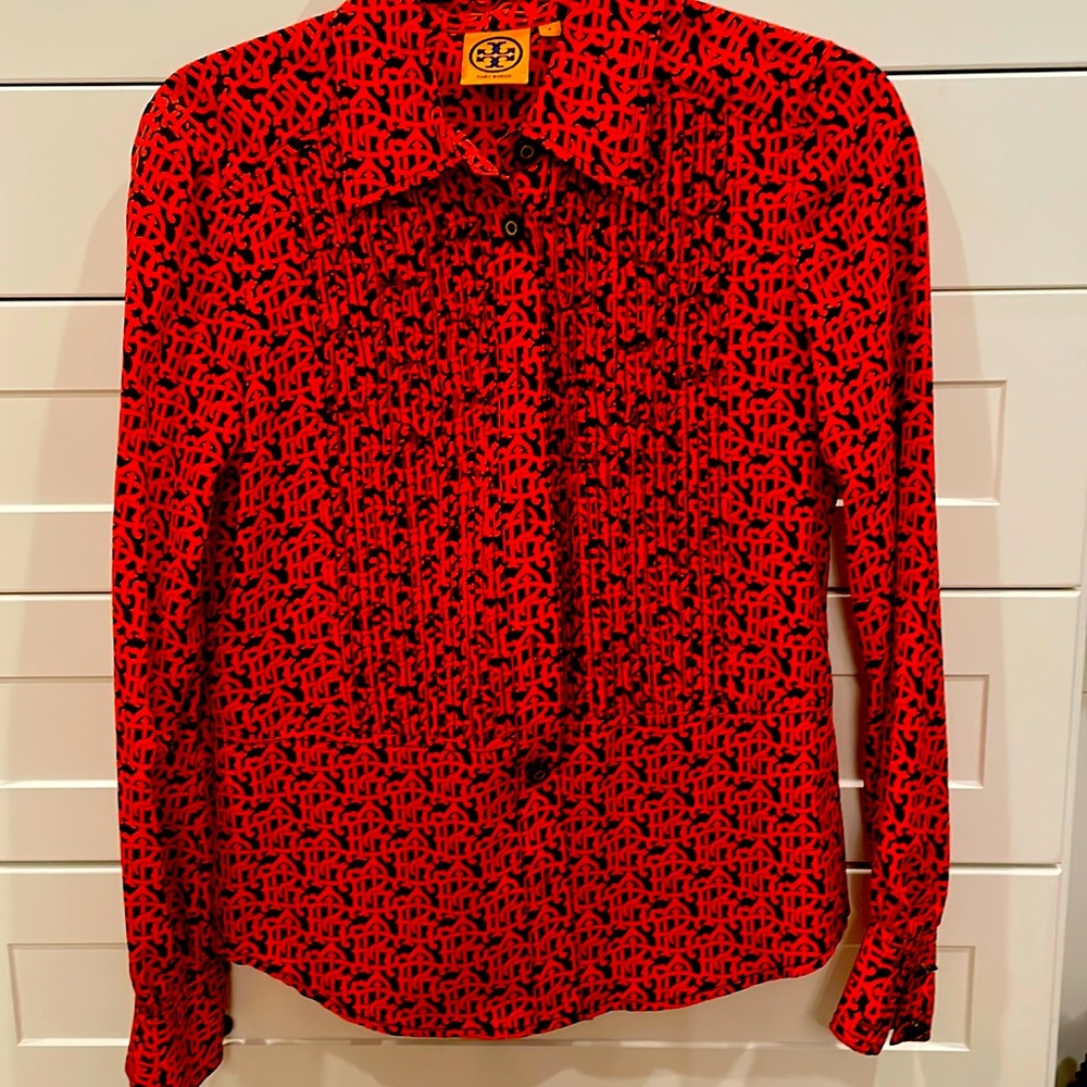 Tory Burch Vibrant Red and Black Patterned Shirt